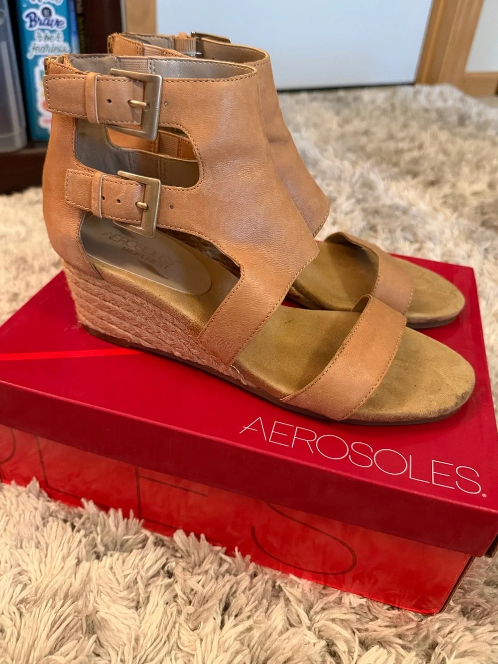 AEROSOLES Tan Dual-Buckle Espadrille Wedge Sandals